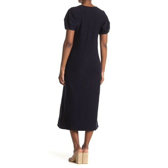 NSR Puff Sleeve Midi Dress Navy Blue Womens S Short Sleeve Cotton Blend NWT - Picture 2 of 7